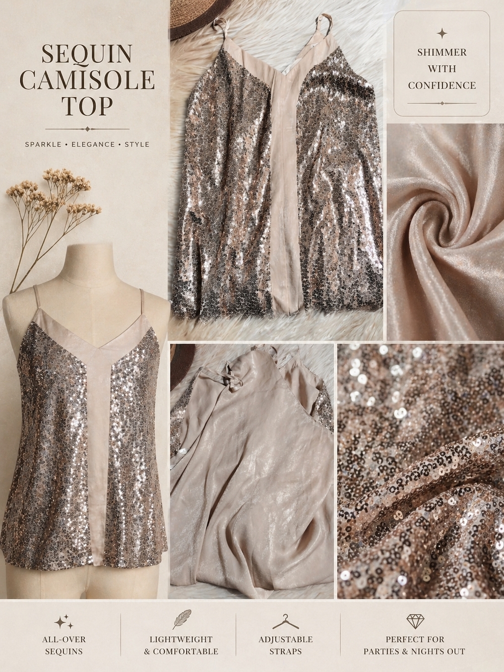 ANDREE BY UNIT (Boutique Brand) Sequin Cami Top — Champagne Beige/Pink